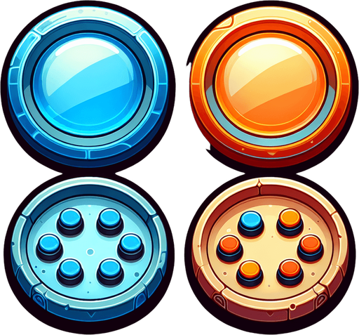 2 boutons de jeu vidéo ronds, un bleu et un orange, vides, style jeu vidéo, vue de dessus