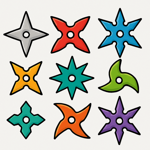 Pack of different ninja star. different color. HD colors.
In-Game asset.  2d.  High contrast.  No shadows