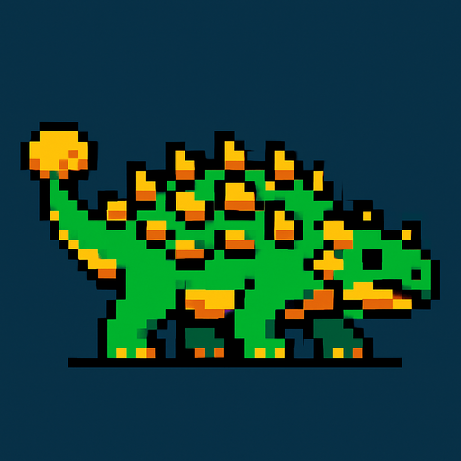Make it 8 bit style dinosaur Ankylosaurus cartoon character.
In-Game asset.  High contrast.  No shadows