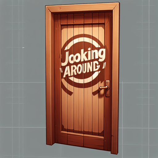 A door with the words Joking Around on it.
Single Game Texture.  In-Game asset.  2d.  Blank background.  High contrast.  No shadows