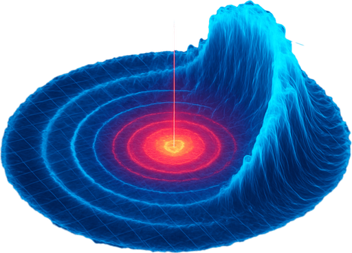Growing expanding outward Overhead digital simulation hologram of oceanic meteor impact tsunami wave shockwave radius circle outward crashing neon cyberpunk 3d diagram