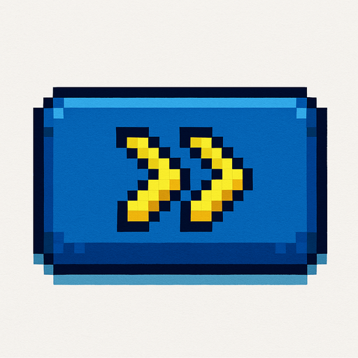 Blue button with two yellow chevrons in a row, pixel art style.