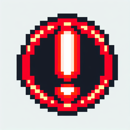8-bit pixelated red round LED circle with a large exclamation sign indented in the center.
Single Game Texture. In-Game asset. 2d. Blank background. High contrast. No shadows.
