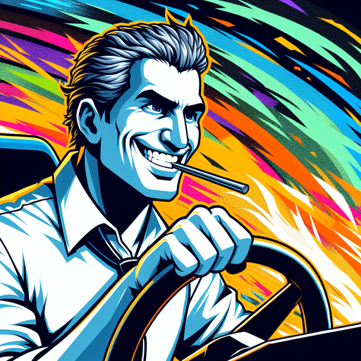Draw a man in a colorful image with a toothpick in his mouth and behind the steering wheel..
Single Game Texture. In-Game asset. 2d. Blank background. High contrast. No shadows.