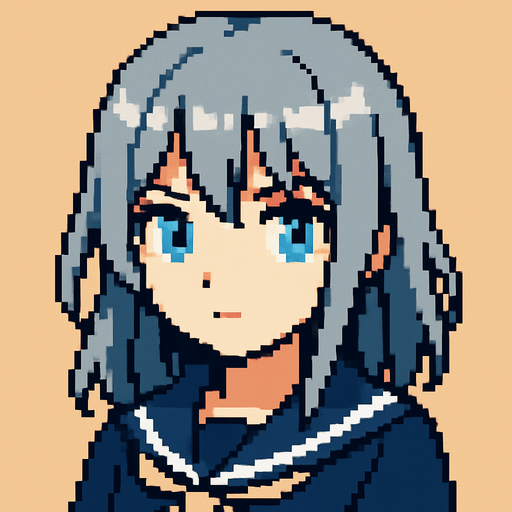 Beautiful anime-style girl with gray hair and light blue eyes. Game image. 2D. High contrast. No shadows. Pixel art..
In-Game asset.  2d.  High contrast.  No shadows