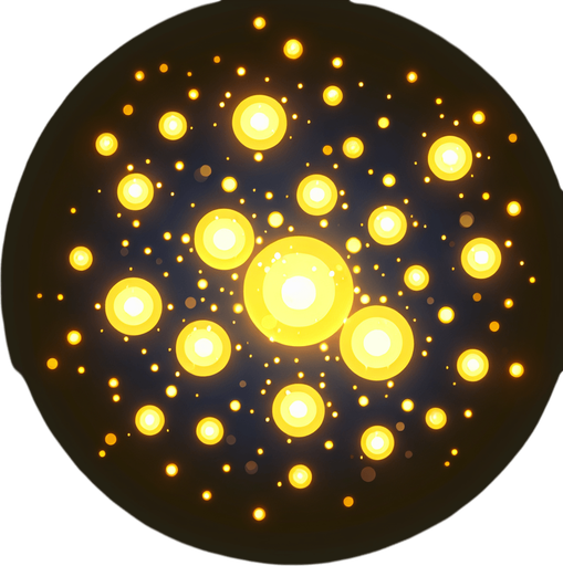 A sprite sheet of different round wisps. Like fireflies. Yellow in color, very bright center with a dimmer aura on the outside. 

Single Game Texture. In-Game asset. 2d. Blank background. High contrast. No shadows.