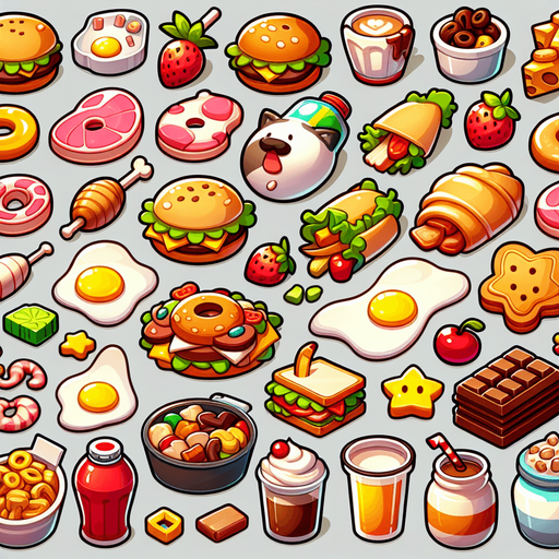 cartoon food.
Single Game Texture.  In-Game asset.  2d.  Blank background.  High contrast.  No shadows