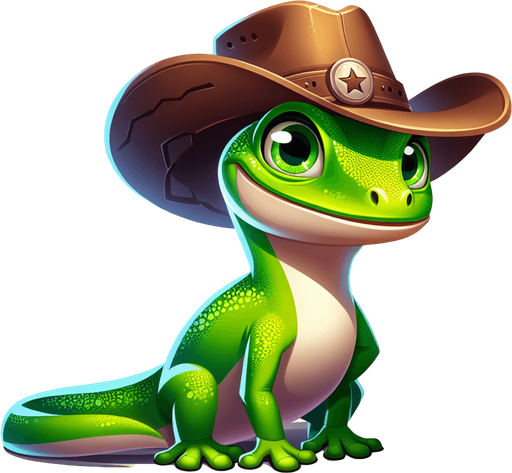 cartoon gecko with a cowboy hat.
Single Game Texture. In-Game asset. 2d. Blank background. High contrast. No shadows.