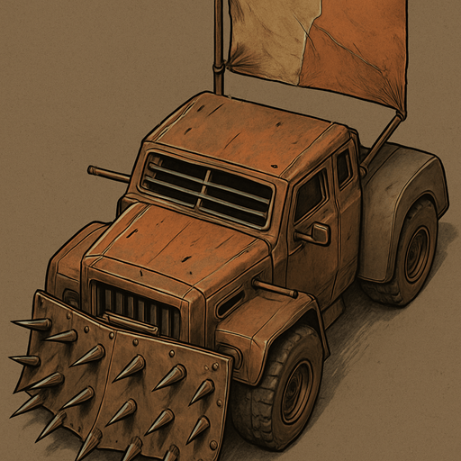 It will be in the style of a Mad Max truck and will have a top view. There will be a thorn plate in the front and the back will be smoother.