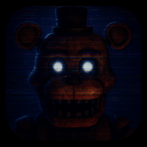 Modern App Store icon, high definition, square with rounded corners, for a game titled "FNAF: GECE VARDİYASI" and with the description "FNAF: GECE VARDİYASI, VHS karıncalanma efektli menüsü ve glitch animatroniğiyle klasik FNAF atmosferini sunan bir fan oyunudur. Menüde yeni oyun ve devam et seçenekleri, oyun içinde ise gece ve saat bilgisiyle test amaçlı gece bitirme butonu bulunur.". No text on icon!