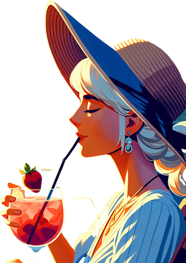 An idyllic llustration of a beach cove where a blond girl in a straw hat is enjoying an large strawberry drink on the deck of her sailing boat as the sun sets. Clean game illustration style..
Single Game Texture. In-Game asset. 2d. Blank background. High contrast. No shadows.