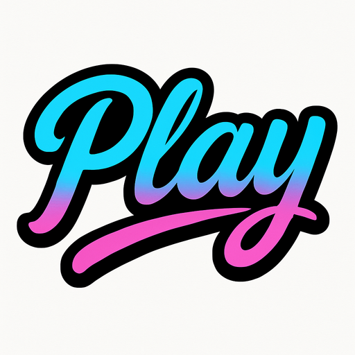 las letras play con un color celeste y rosa combinados con una cursiva
In-Game asset.  2d.  High contrast.  No shadows con contorno negro