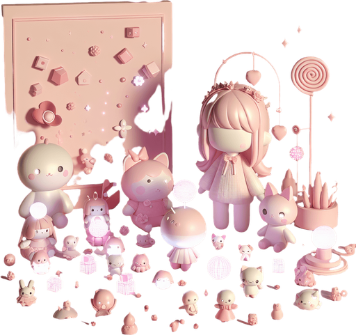 Beautiful 3d pink theme with other soft colours with cute soft kawaii 3d dolls and tiny glowing creatures.
Single Game Texture. In-Game asset. 2d. Blank background. High contrast. No shadows.