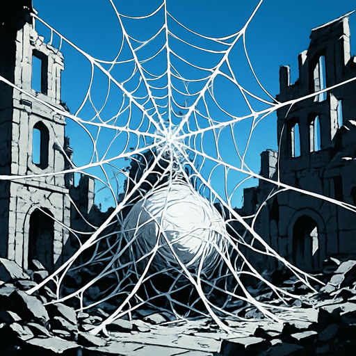 giant web nest at ruins of city
In-Game asset.  3d realistic cgi anime.  High contrast.  No shadows