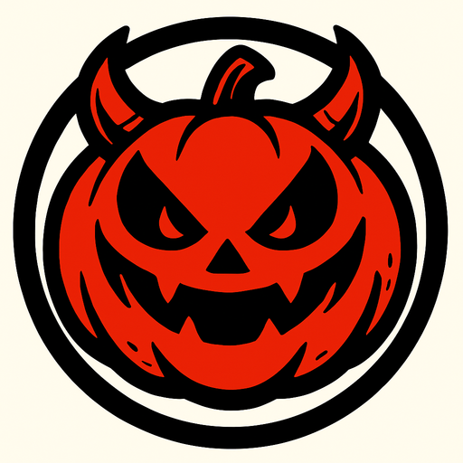 yuvarlak bir çerçevenin içerisinde şeytan kulaklı gülümseyen balkabağı kırmızı.
In-Game asset.  2d.  High contrast.  No shadows