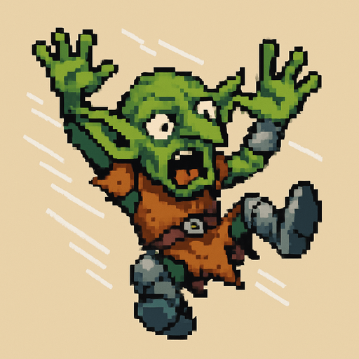 “Pixel art of a goblin falling through the air, viewed from top-down or slightly tilted angle. Arms and legs flailing, expression of surprise or fear, small fantasy armor pieces or tattered clothing. Wind or motion lines optional. Designed as a 2D game sprite, with exaggerated pose for clarity.”.
In-Game asset.  2d.  High contrast.  No shadows