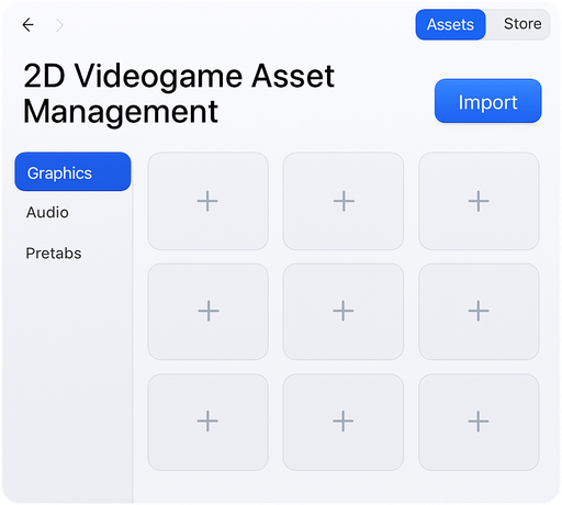 UI of 2D videogame asset management tool app, empty slots for assets, sleek flat intuitive User Interface futuristic style of Apple product ui, blank template sans uploaded assets