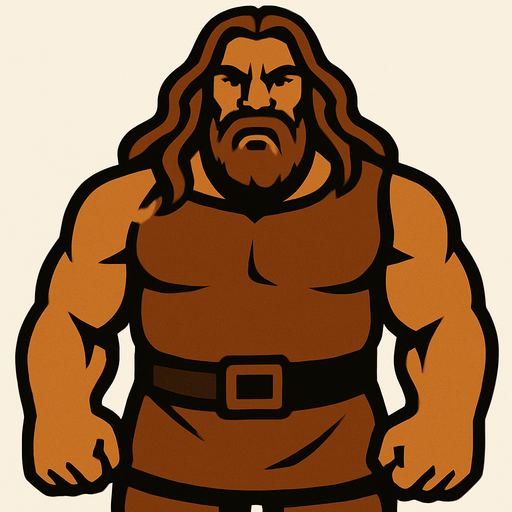 Uzun saçlı kahverengi renkte iri bir adam.
In-Game asset.  2d.  High contrast.  No shadows