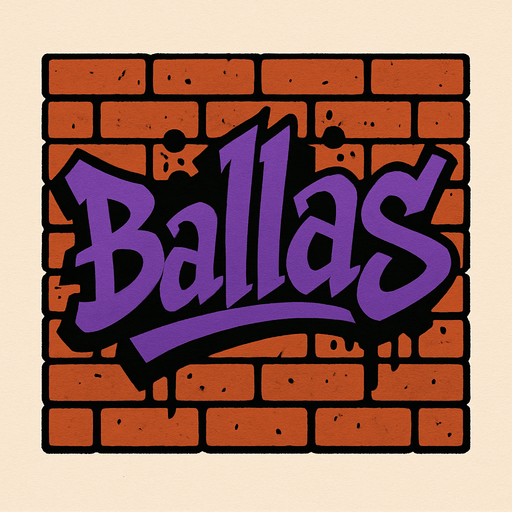 Tuğladan duvar üzerinde ballas grafitisi var,west side tarzında.
In-Game asset.  2d.  High contrast.  No shadows