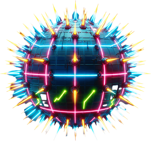 electrical neon colored cyberpunk sphere barrier with spikes.
Single Game Texture. In-Game asset. 2d. Blank background. High contrast. No shadows.
