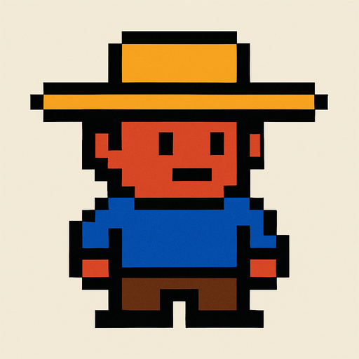 character with a hat, 2d, pixel,.
2d.  High contrast.  No shadows