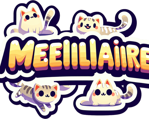 Text saying 'Memellionaire'. cute, cartoony font. looks like a sticker. feline themed.
Single Game Texture. In-Game asset. 2d. Blank background. High contrast. No shadows.