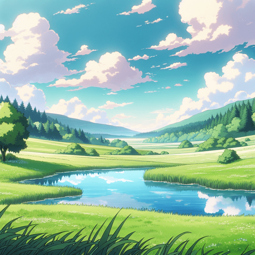 ghibli anime 2d style. meadow at lake. sky full of small with cloud.
Single Game Texture.  In-Game asset.  2d.  Blank background.  High contrast.  No shadows