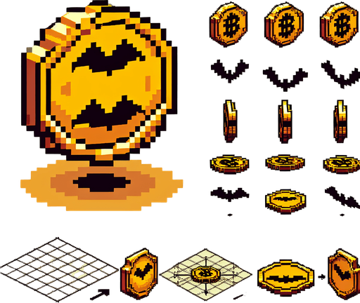 8-bit pixelated spritesheet of an isometric golden bat coin seen in multiple poses of spinning around it's y axis. the elements need to be orderly arranged for easy cropping.
Single Game Texture. In-Game asset. 2d. Blank background. High contrast. No shadows.