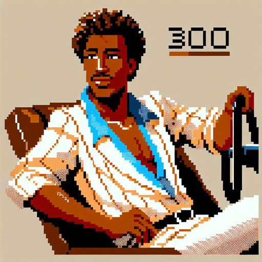 pixel art image of a 30-year-old cool-looking driver guy in a vintage retro 1980s style, depicted in a 3/4 view. The driver should be leaning back casually, exuding confidence and style, with one hand on the wheel as if driving. Single Game Texture. In-Game asset. 2d. Blank background. High contrast. No shadows.