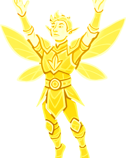 kesatria peri pria seluruh badan bercahaya melayang dengan tangan merengggang keatas.
In-Game asset.  2d.  High contrast.  No shadows