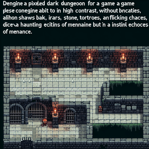 create me a 2d pixel dark dungeon.
Single Game Texture. In-Game asset. 2d. Blank background. High contrast. No shadows.