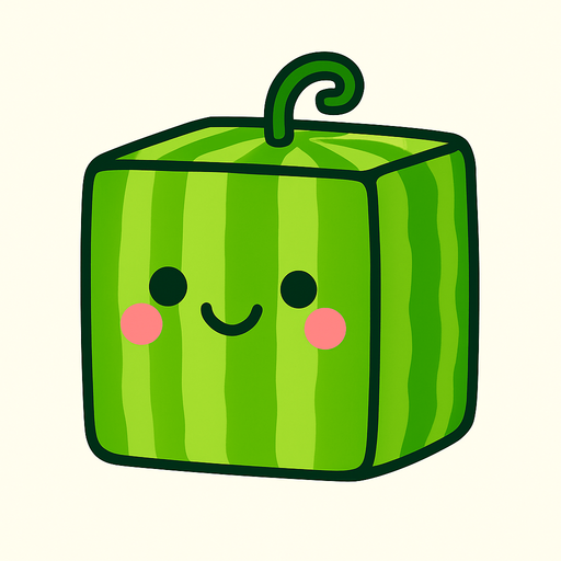Perfectly square bright green waterlemon with cute happyy face. Cartoon style. Cute art style. Simple vector style. No Shadows