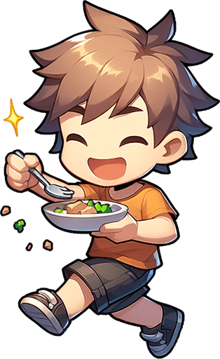 A boy eating slaps.
Single Game Texture. In-Game asset. 2d. Blank background. High contrast. No shadows.