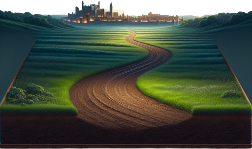 2d classic landscape. night sky .horizontaly soil surface road.  far distance meadow wit dark green meadow and epic medieval city.
Single Game Texture.  In-Game asset.  2d.