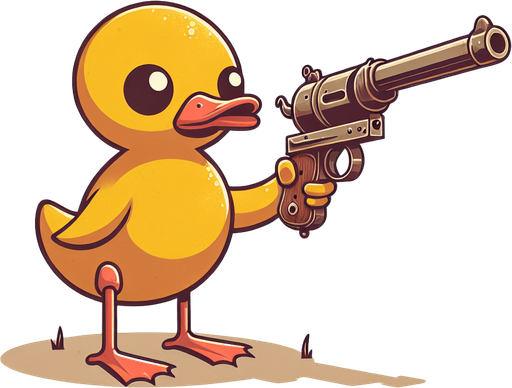 Title game:duck with a gun.
Single Game Texture. In-Game asset. 2d. Blank background. High contrast. No shadows.