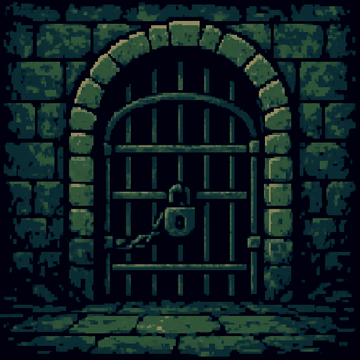 Background image of gate leading into a dark dungeon. Walls are grey and mossy stones. Retro pixel art..
In-Game asset.  2d.  High contrast.  No shadows