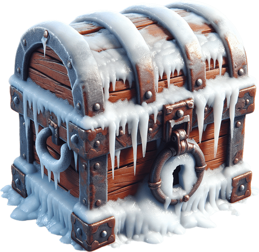 icy treasure chest

Single Game Texture. In-Game asset. 2d. Blank background. High contrast. No shadows.