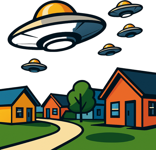 "Small UFO saucers descending over suburban neighborhood, cartoon style, dramatic lighting, shadows cast on lawns, retro sci-fi aesthetic, colorful houses below, comic book illustration style, dynamic angle looking up""cartoon style," "comic book illustration," "clean vector art,".
In-Game asset.  2d.  High contrast.  No shadows