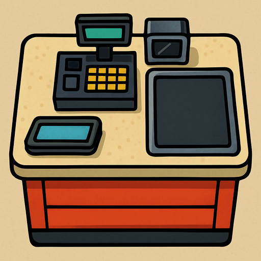 Üzerinde meyve, sebze gibi ürün bulundurmayan; market kasa bankosu. Üstten görünüm..
In-Game asset.  2d.  High contrast.  No shadows