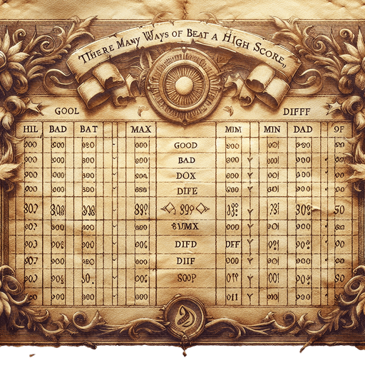 There is the text: "there are many ways zo beat a highscore, but can you also beat all in once?" On a pergament with many highscores called good, bad, max, min and diff.
