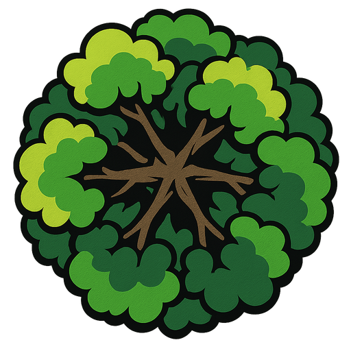 top-down angle of a tree.
In-Game asset.  2d.  High contrast.  No shadows