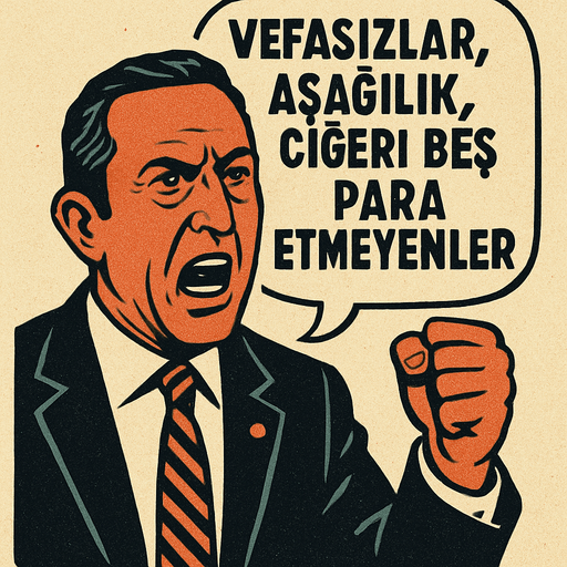 Ali Koça Sinirle konuşan bir başkan karakteri oluştur . Bu karakter Ali Koça benzesin . Bu karakterin tepesinde bir konuşma baloncuğu olsun . Bu baloncukta "Vefasızlar , Aşağılık , Ciğeri beş para etmeyenler " yazsın . Retro temada olsun !.
In-Game asset.  2d.  High contrast.  No shadows