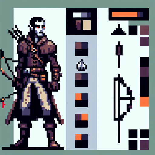 vampire hunter pixel art
Single Game Texture. In-Game asset. 2d. Blank background. High contrast. No shadows.