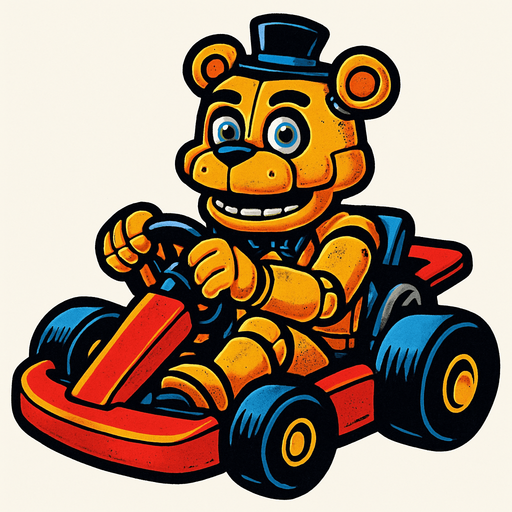 Un oso dorado animatronico en un kart.
In-Game asset.  High contrast.  No shadows