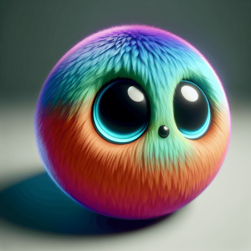 Round furry, cute alien ball with big eyes. vivid colours, looking at 45 degrees to the right.
Single Game Texture. In-Game asset. 2d. Blank background. High contrast. No shadows.