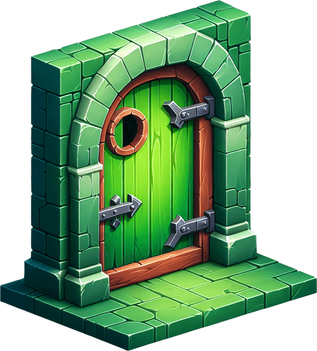 a green door.
Single Game Texture. In-Game asset. 2d. Blank background. High contrast. No shadows.