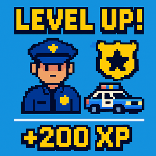 a police themed level up screen pixel art.
In-Game asset.  High contrast.  No shadows