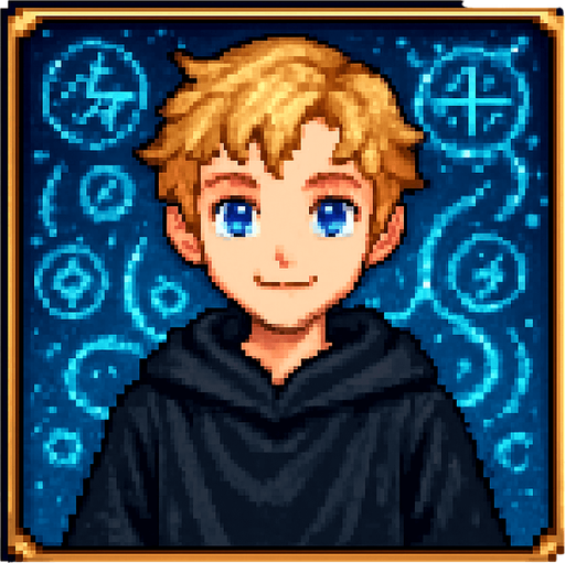 "2D pixel art of a young male wizard child with short, wavy blonde hair and bright blue eyes, wearing a long, flowing black robe. He is facing forward, smiling, looking directly at the viewer with a calm, focused expression. The character is framed inside a square border, like a portrait or selection window in a fantasy RPG. The background inside the square is filled with glowing blue magical symbols, glyphs, and swirling arcane energy to create a mystical atmosphere. The pixel art style is classic 16-bit fantasy RPG, with detailed shading and rich colors. The area outside the square frame is transparent.".
In-Game asset.  2d.  High contrast.  No shadows