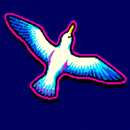 A seagull with wings spread straight out as if soaring. Top down view, looking down from above. 80s arcade machine graphics.
In-Game asset.  2d.  High contrast.  No shadows