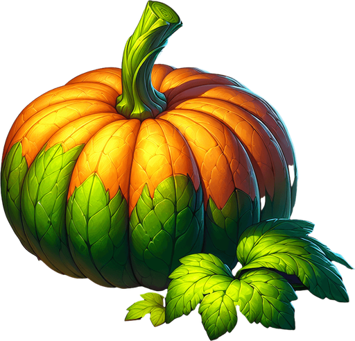 A lush pumpkin at the foot of its green stalk..
Single Game Texture. In-Game asset. 2d. Blank background. High contrast. No shadows.